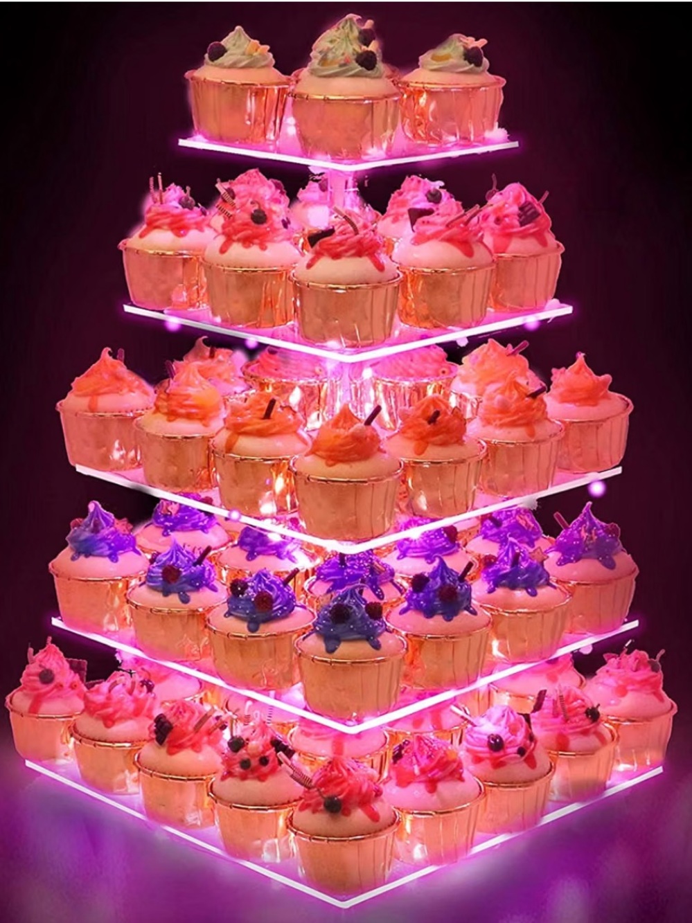 Clear Acrylic 5-Tier Cupcake Stand with Pink LED Lighting - Home Party Supplies
